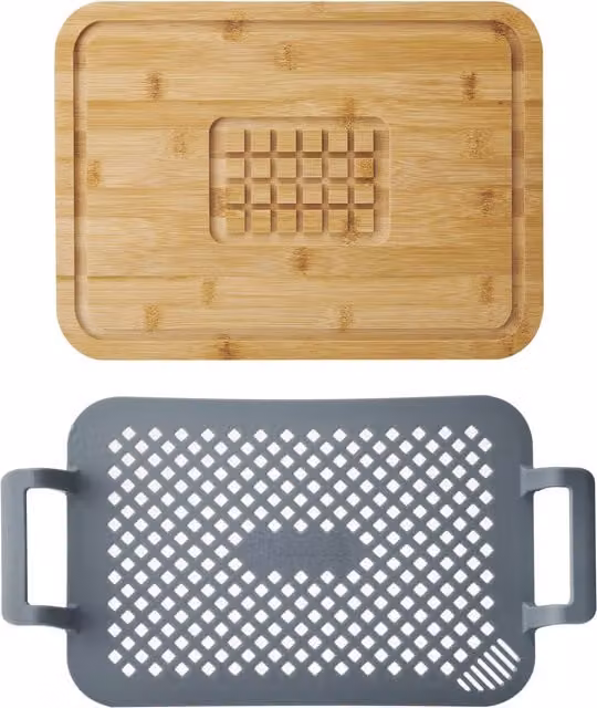 MasterClass Roast and Rest 2pc Set with Grey Silicone Rack and Rectangular Wood Resting Board