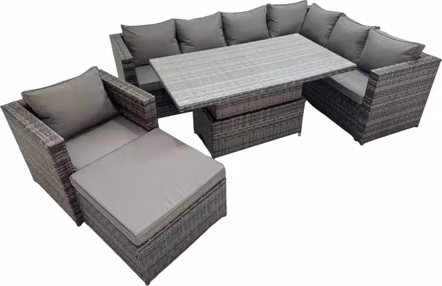 Fimous 8 Seater Rattan Corner Sofa Set with Chair and Large Stools in Dark Grey