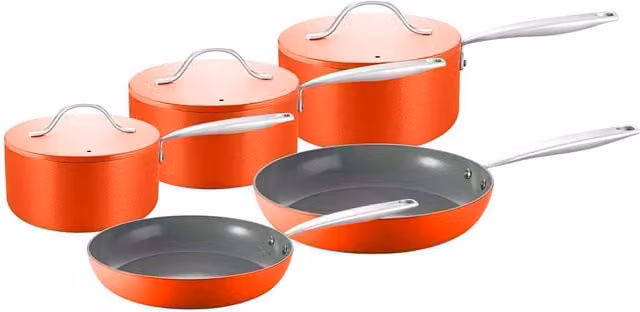 Sur La Table Colour Me Happy 4 Piece Ceramic Cookware Set with Lids in Green and Orange