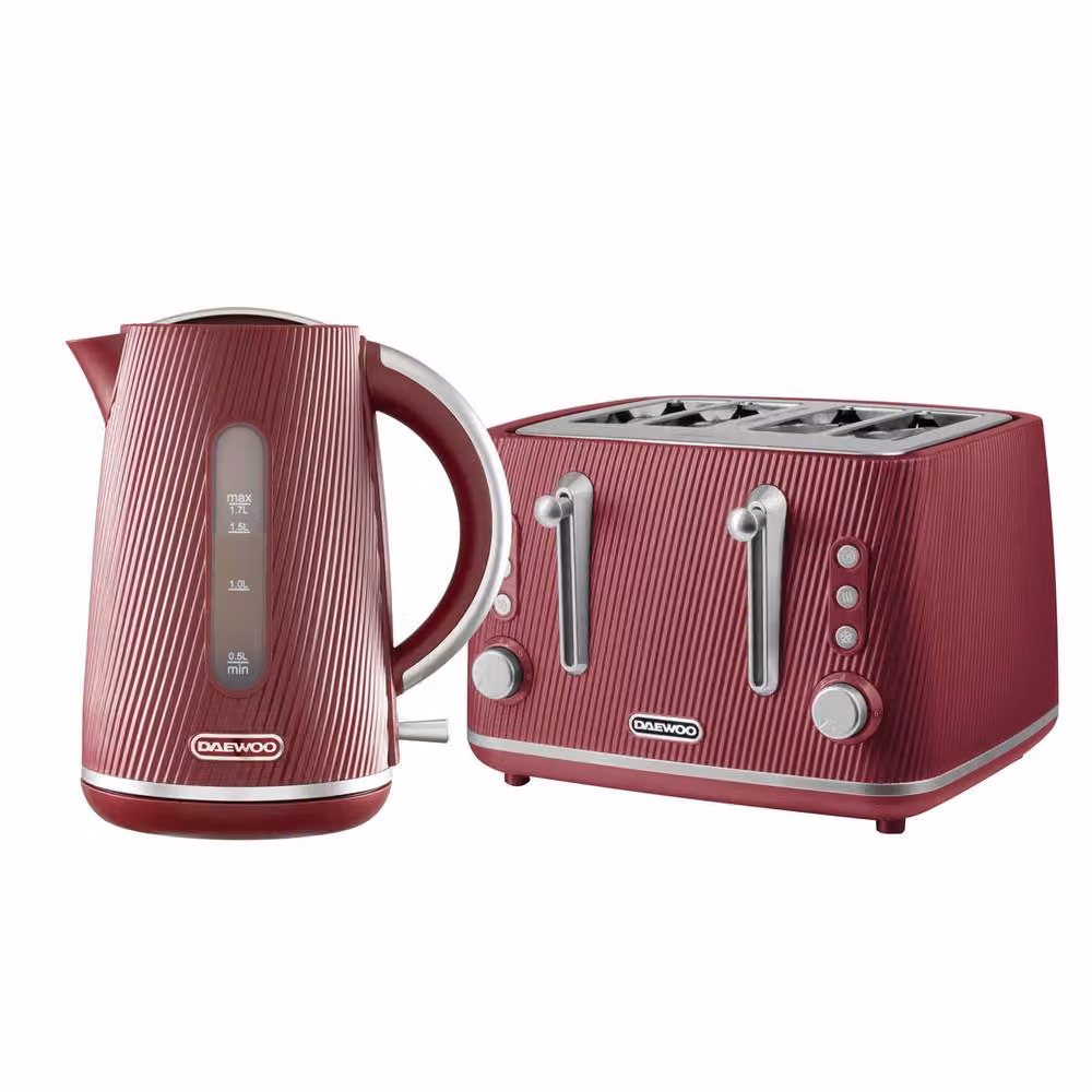 Daewoo Cascade Red 1.7L Fast-Boil Kettle and 4-Slice Toaster Set – 2