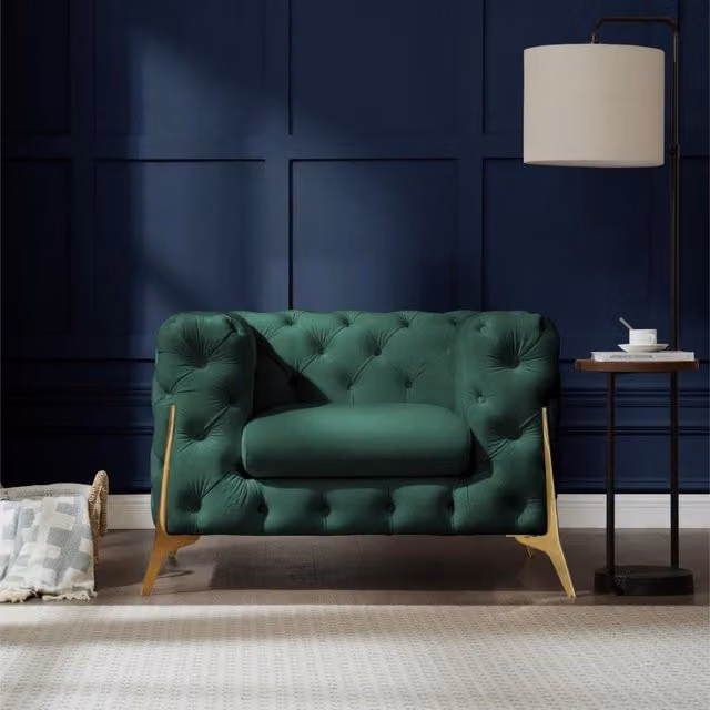 GRS Panther Chesterfield Armchair in Green Velvet Fabric with Gold Accents, W/D/H: 88 x 77 x 110 cm
