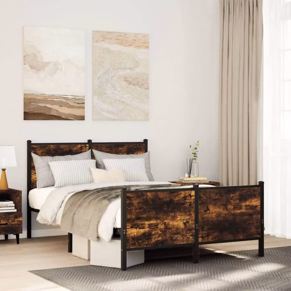 Berkfield Home Metal and Wood Bed Frame in Smoked Oak and Brown, Small Double, W/D/H: 120 x 190 cm – 2