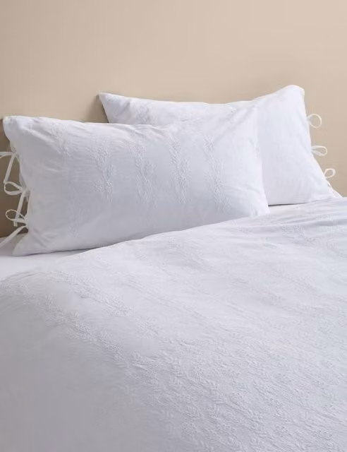 M&S Pure Cotton Fleurine White Floral Embroidered Bedding Set