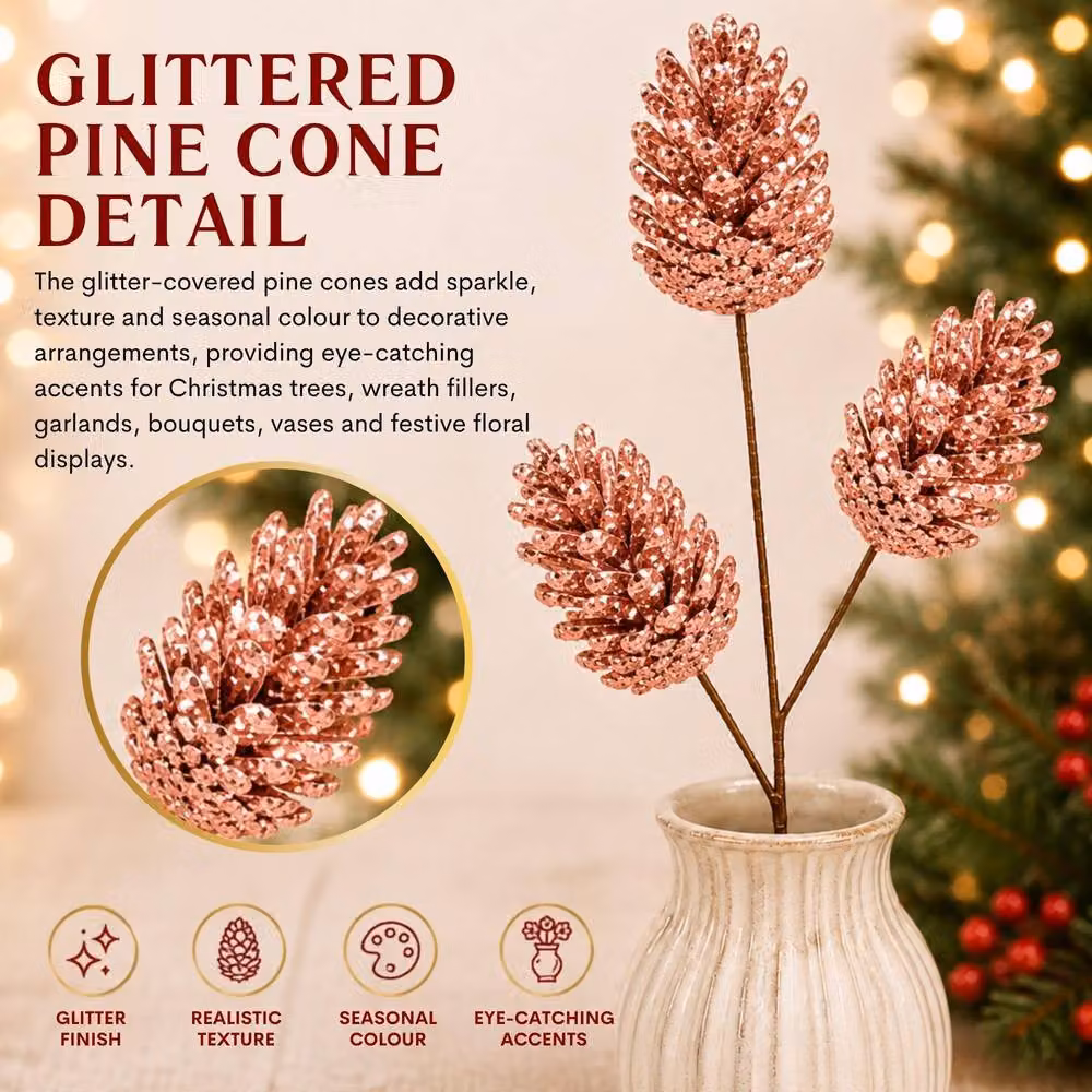 Shatchi Glitter Rose Gold Pine Cone Christmas Picks, 6 Pack, Height: 58 cm – 5
