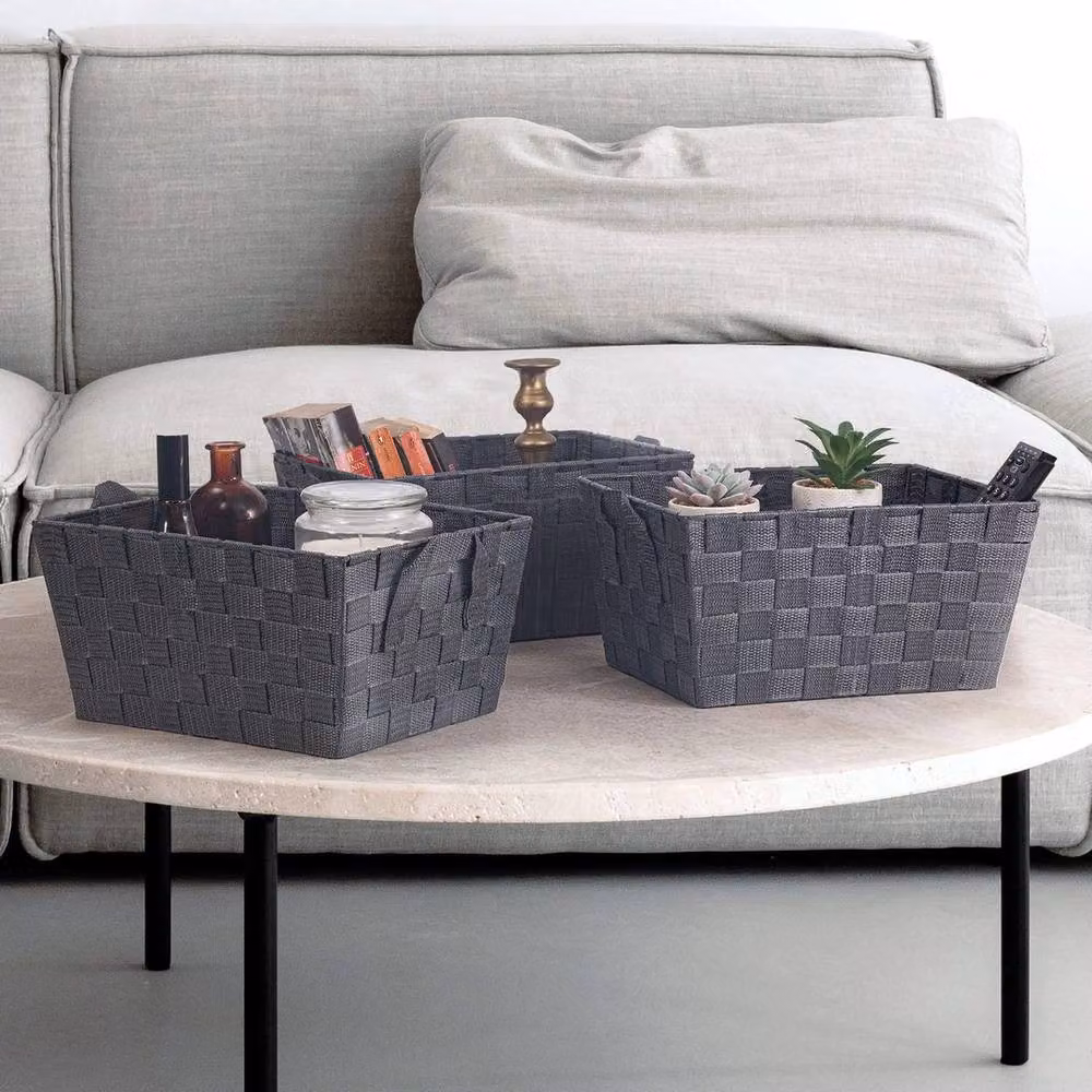EONLION Set of 3 Fabric and Metal Storage Baskets with Handles in Grey, Width: 50 cm – 3