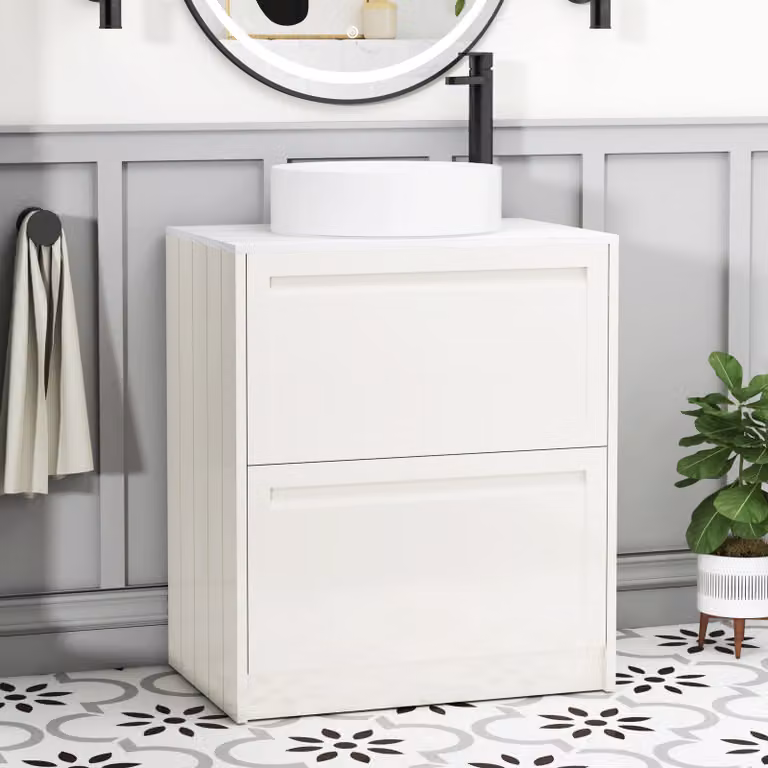 Royal Bathrooms Elmore Classic White Floor Standing Countertop Vanity Unit with 2 Drawers and Art Basin, W: 70 cm