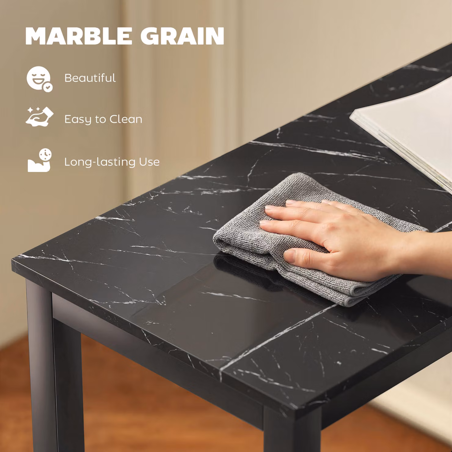 HOMCOM Rectangular Bar Table with Black Marble Effect and Metal Legs for Kitchen or Dining Room – 5