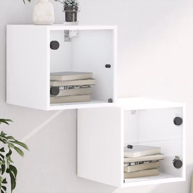 Berkfield Home Set of 2 White Bedside Cabinets with Glass Doors, W/D/H: 35 x 37 x 35 cm