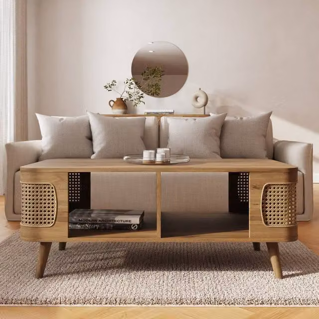 GFW Sorrel Mid-Century Rectangular Rattan and Oak Coffee Table in Brown