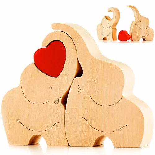 Novecrafto Loving Wooden Elephant Couple Figurine with Red Heart in Brown and Red – 1