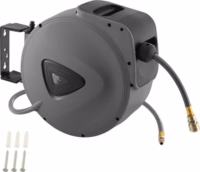 tectake Wall Mounted Compressed Air Hose Reel in Grey, Diameter: 20.5 cm