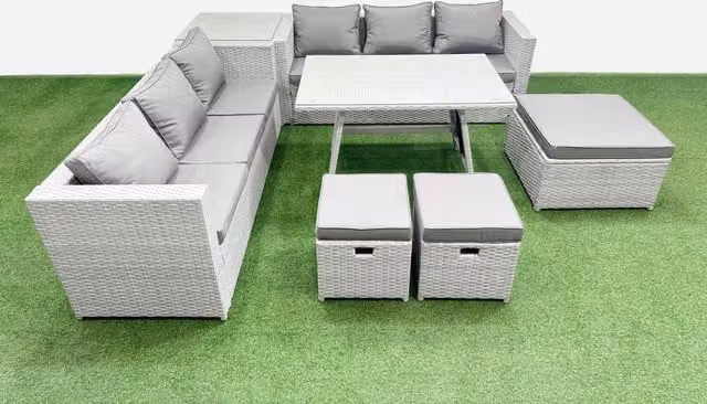 Fimous 9-Seater Patio Set with Rectangular Table, 3-Seater Sofa and Side Table in Light Grey