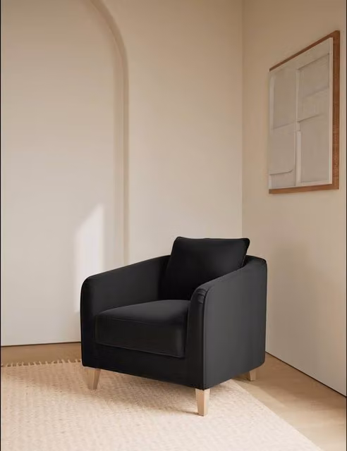 M&S Lara Velvet Tub Accent Chair in Charcoal Grey with Armrests and Wood Legs