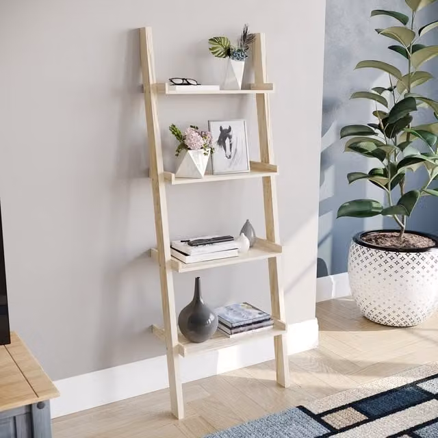 Vida Designs York 4 Tier Ladder Bookcase in Pine Wood, Brown and Beige