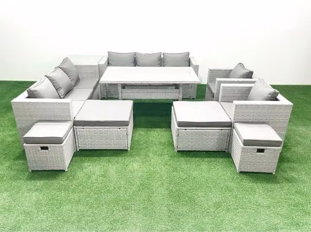 Fimous 12-Seater Rattan Garden Dining and Lounge Set in Light Grey with Dark Grey Fabric