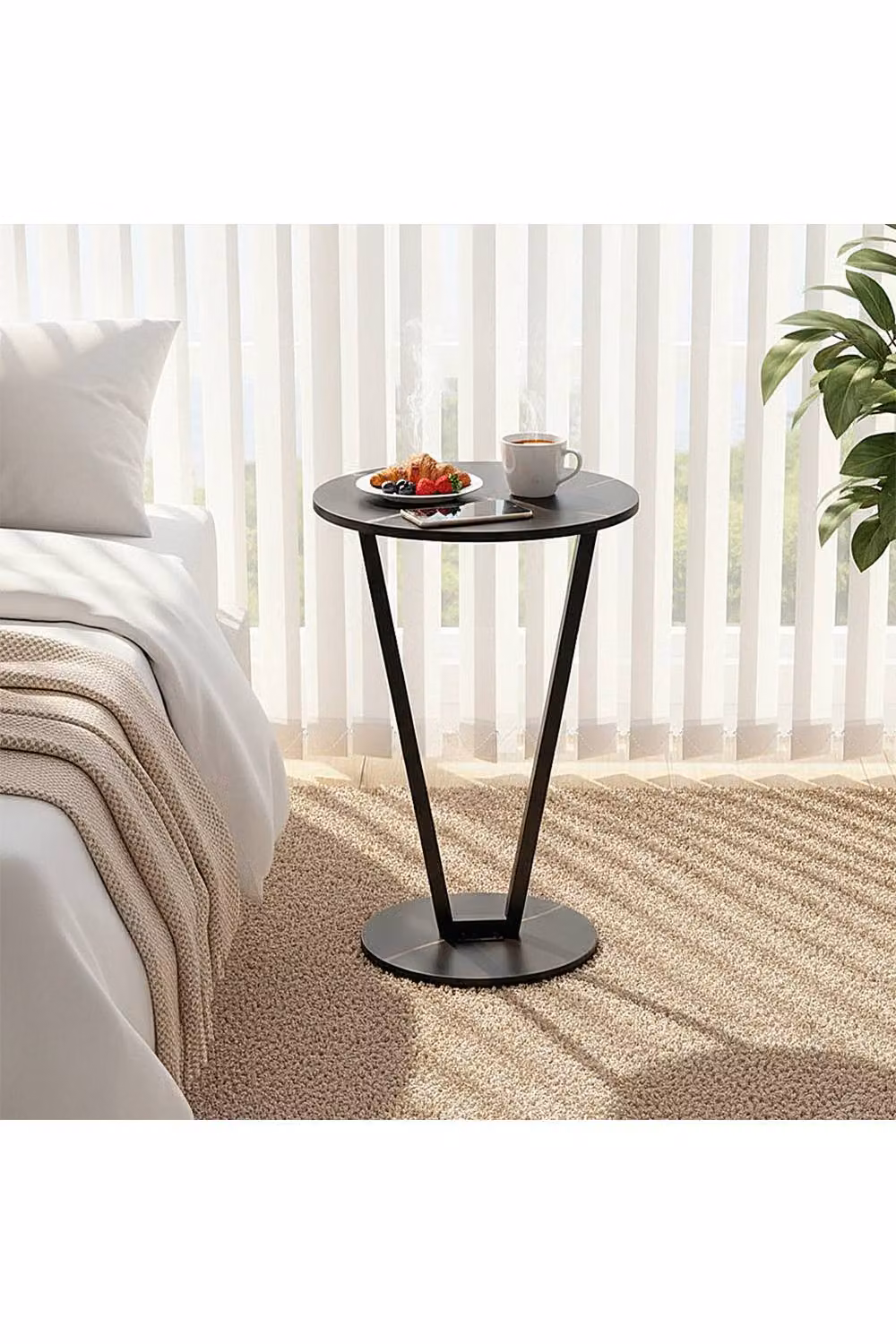 Living and Home Round Black Marble and Wood Side Table – 2