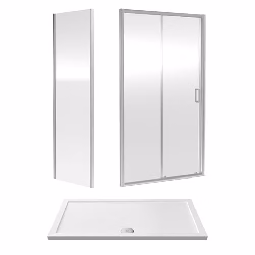 Balterley Sliding Shower Door with Side Panel and Square Shower Tray, 6mm Toughened Safety Glass, Chrome and White