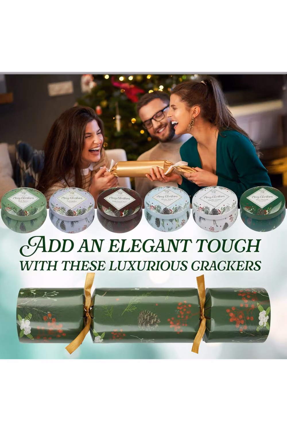 KreativeKraft Luxury Christmas Candle Crackers, 6 Pack Floral Design in Green Tin – 7