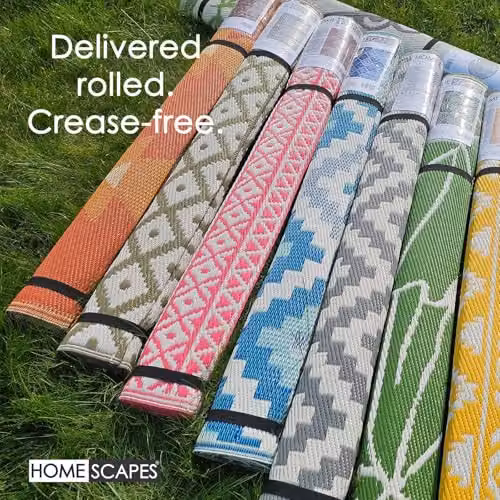 Homescapes Luxury Round Outdoor Rug, Grey and Yellow Geometric Woven Design, Diameter: 180 cm – 4