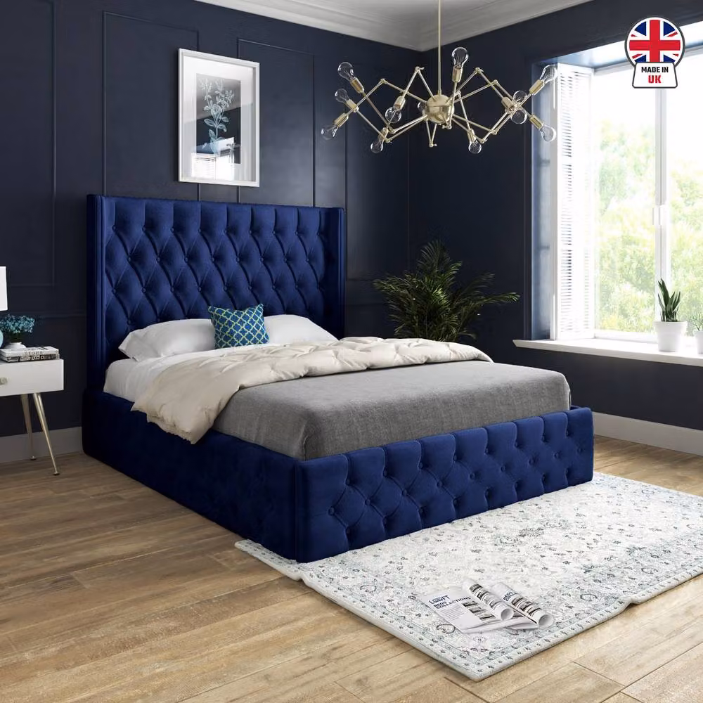 KDMD Verwood Winged Upholstered Designer Bed Frame in Blue Velvet, Size: 180 x 200 cm – 3