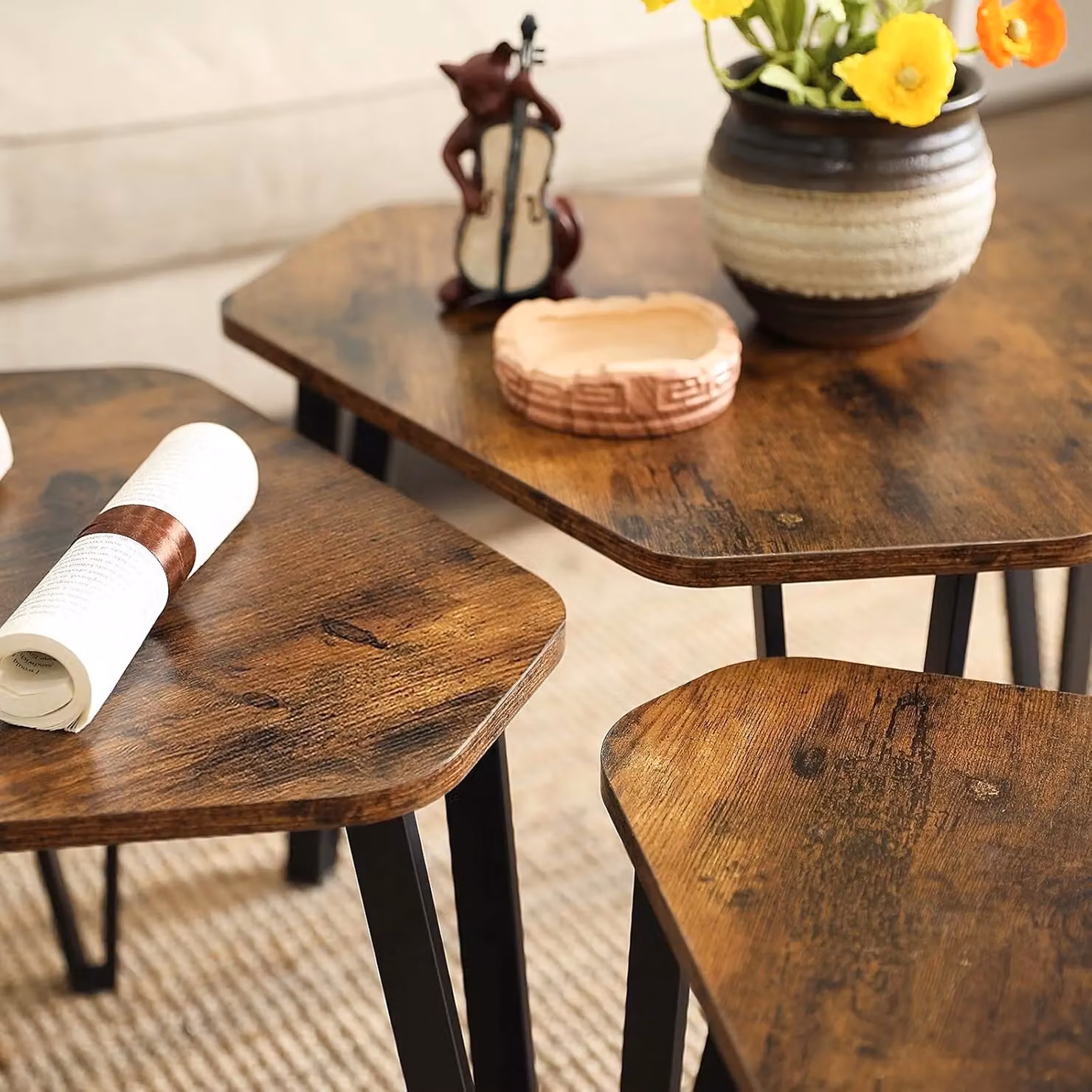 VASAGLE Nesting Coffee Table Set of 3, Industrial Style Stacking Side Tables in Brown – 5