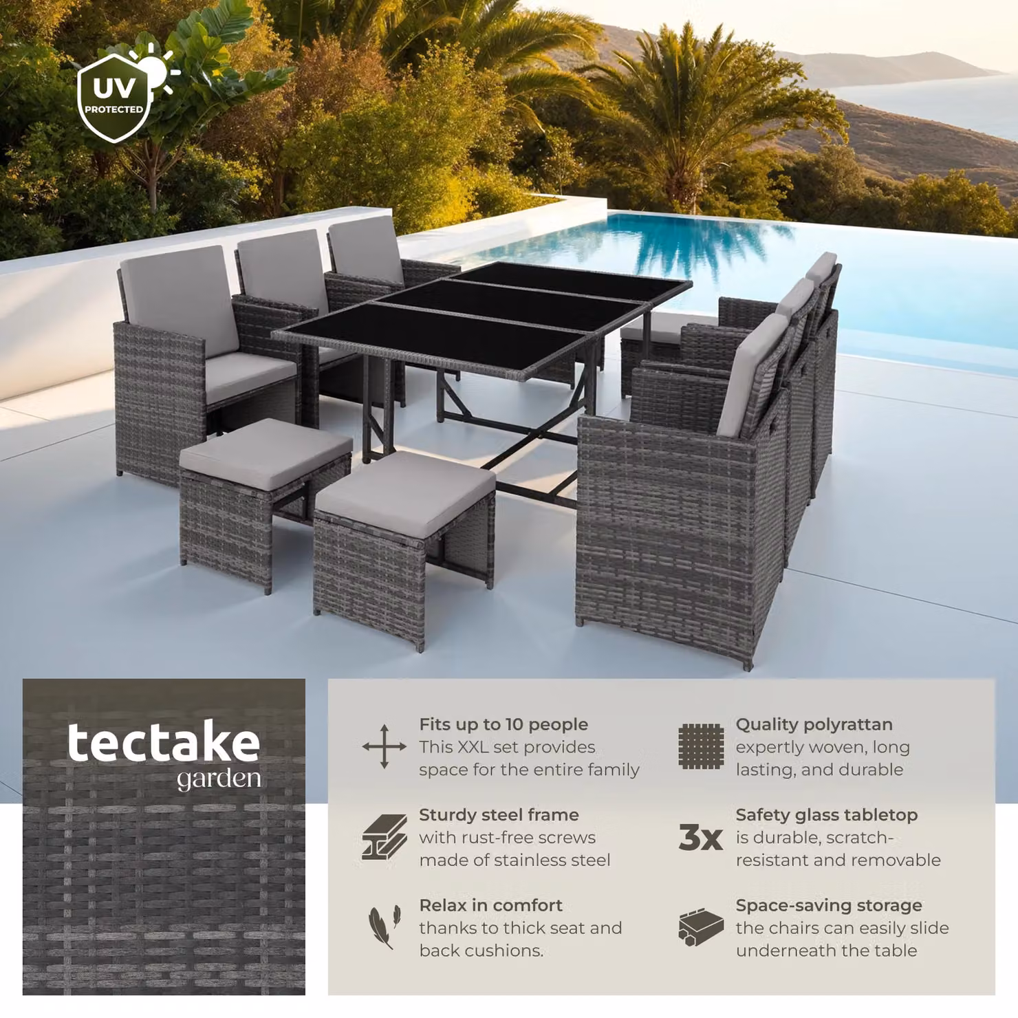 tectake Malaga Modern Extendable Rattan Garden Table and Chairs Set with Glass Top and Weather Resistant Cushions in Grey and Black – 3