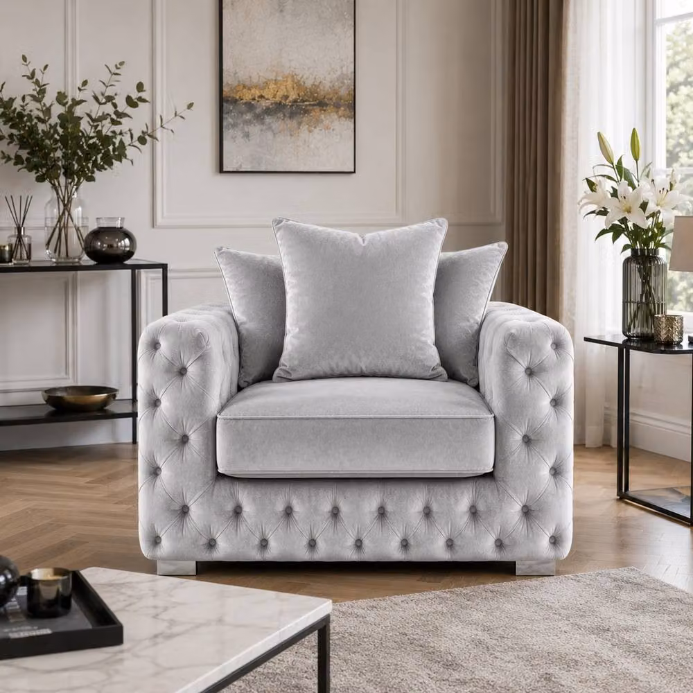 Stratus Interiors Ashley Chesterfield Scatter Back Plush Velvet Fabric Armchair in Silver – 3