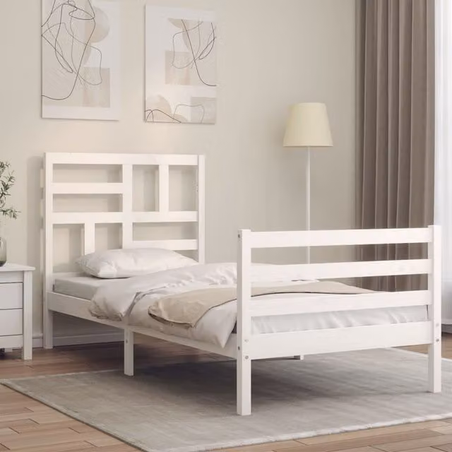 Berkfield Home White Solid Pine Bed Frame with Headboard W/D/H: 90 x 200 cm – 1