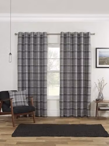 Sundour Checked Blackout Eyelet Curtains in Grey, W: 117 cm, H: 137 cm