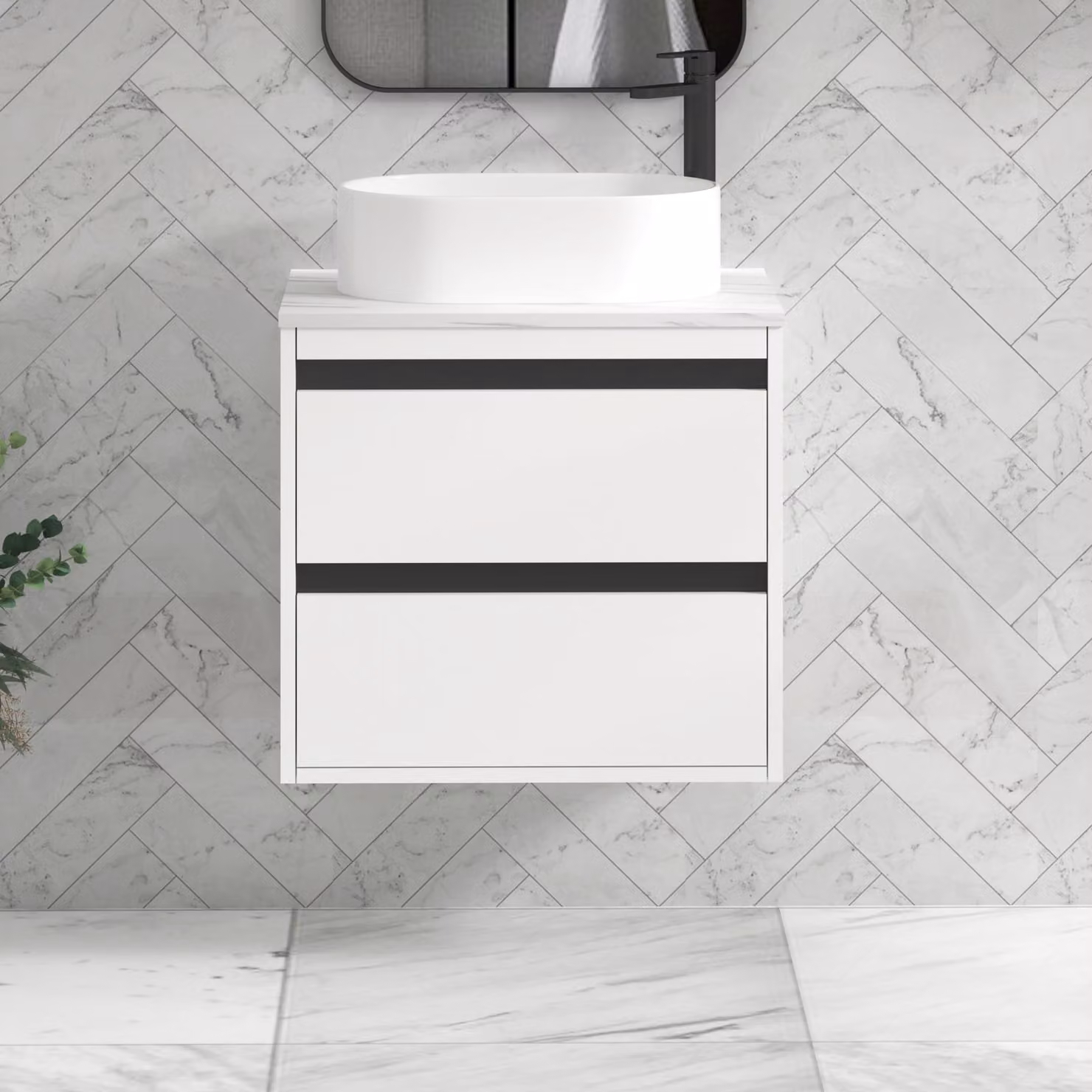 Royal Bathrooms Orion 600mm Matt White Wall Hung 2 Drawer Vanity Unit with Peak Basin and Black Accent Trim