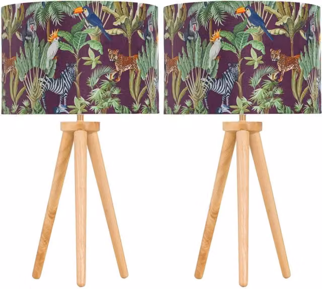 First Choice Lighting Set of 2 Light Oak Table Lamps with Brown Safari Velvet Shades