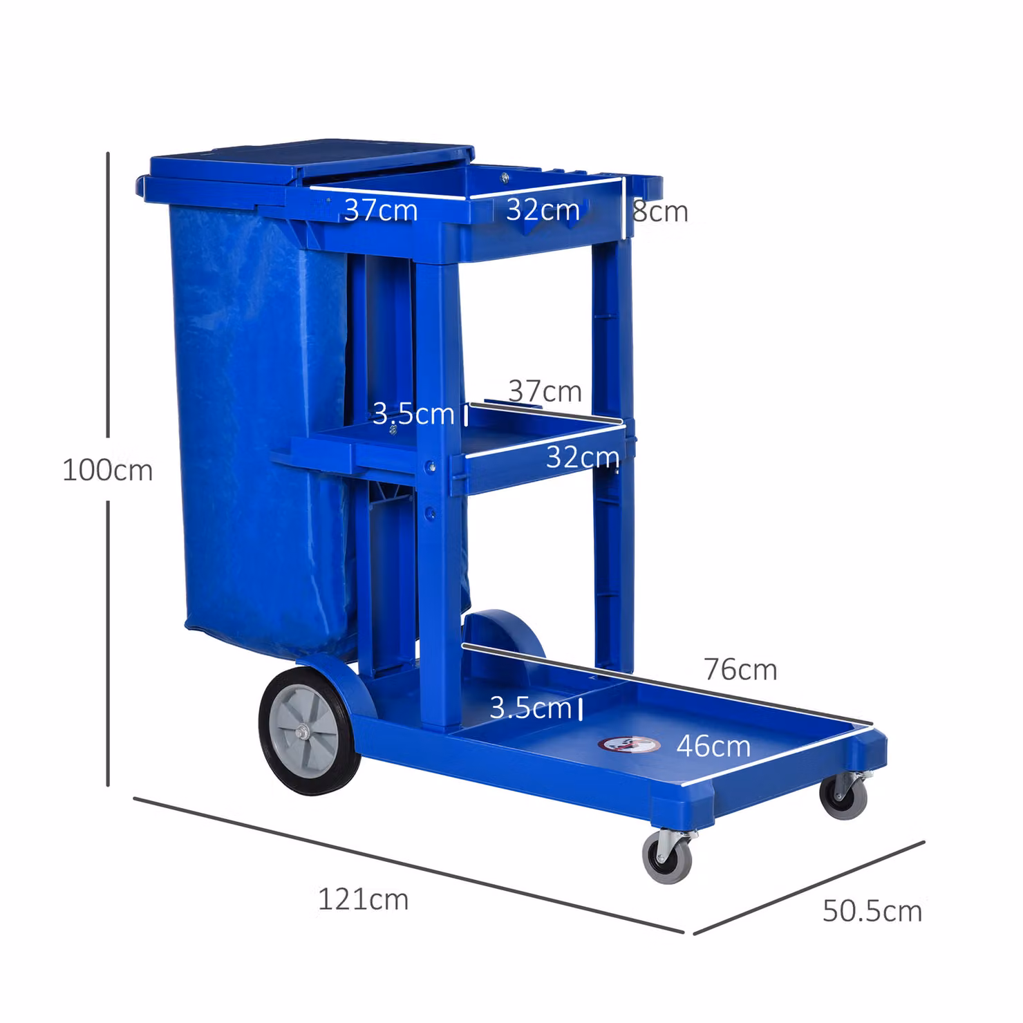 HOMCOM Blue Janitorial Trolley Housekeeping Utility Service Unit with 3 Tier Shelves, Rubbish Bag and Hooks – 3