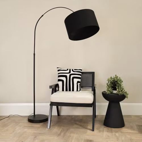 ValueLights Louis Black Metal Arched Floor Lamp with Grey Fabric Drum Shade – 2