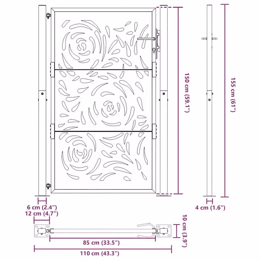 Berkfield Brown Weathering Steel Garden Gate with Flame Design, W: 105 cm, H: 155 cm – 6