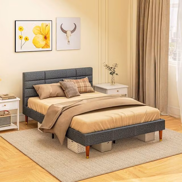 HOMCOM Upholstered Bed Frame with Wooden Headboard and Drawers, Grey, W/D/H: 140 x 200 cm