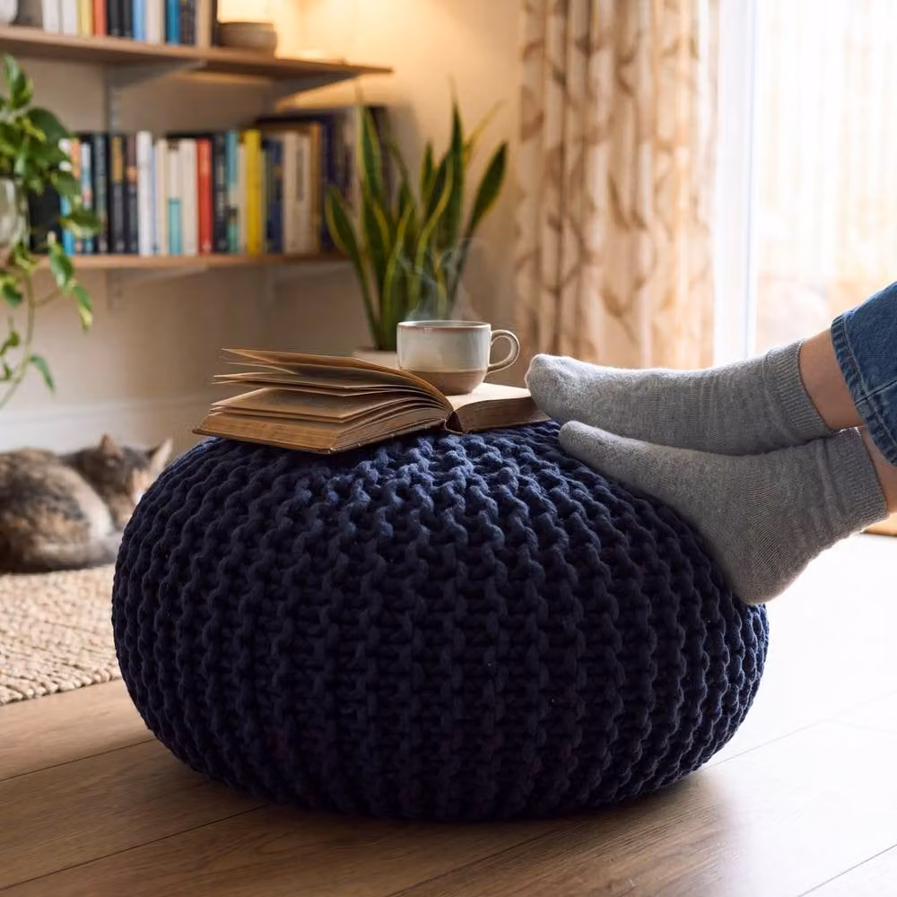 Bravich LTD Chunky Knitted Cotton Round Pouffe Footstool in Blue, Diameter: 50 cm – 8