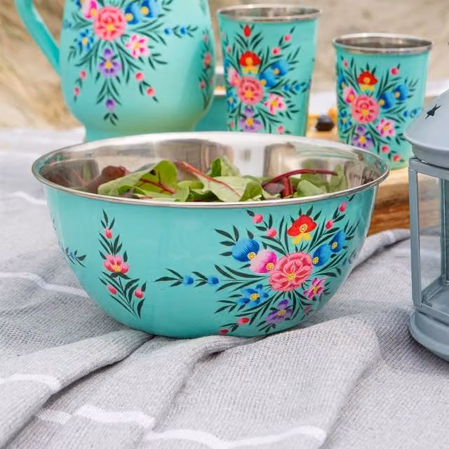 BillyCan Floral Cereal Bowl in Mint Green and Turquoise Stainless Steel, Diameter: 21.5 cm