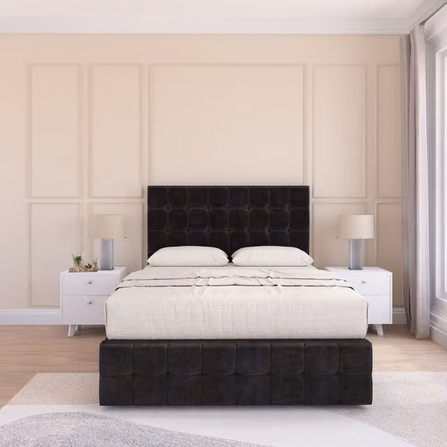 Sloomy Berlin Double Divan Bed Set with Matching Footboard in Black Plush Velvet, W/D/H: 140 x 200 cm