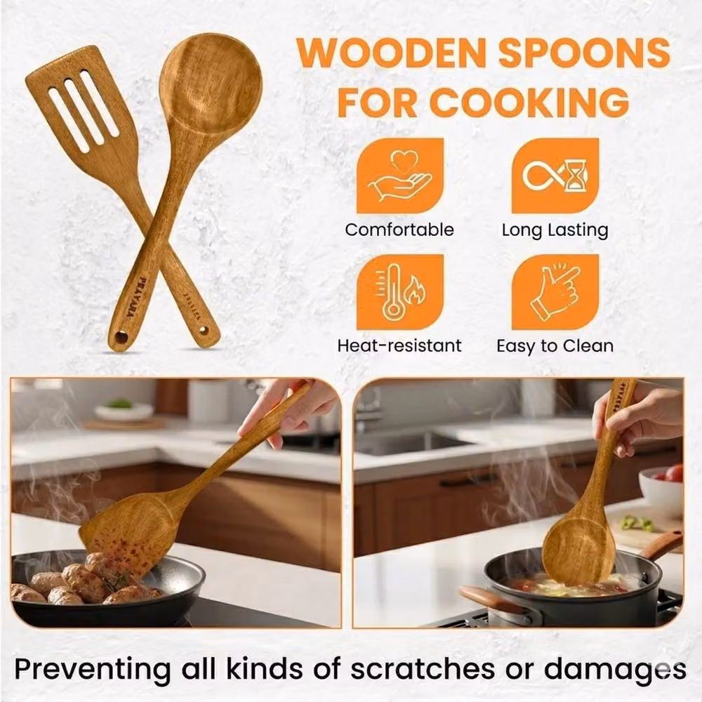 VOGREX 9 Piece Brown Wooden Kitchen Utensil Set with Ergonomic Grip and Spoon Rest – 3