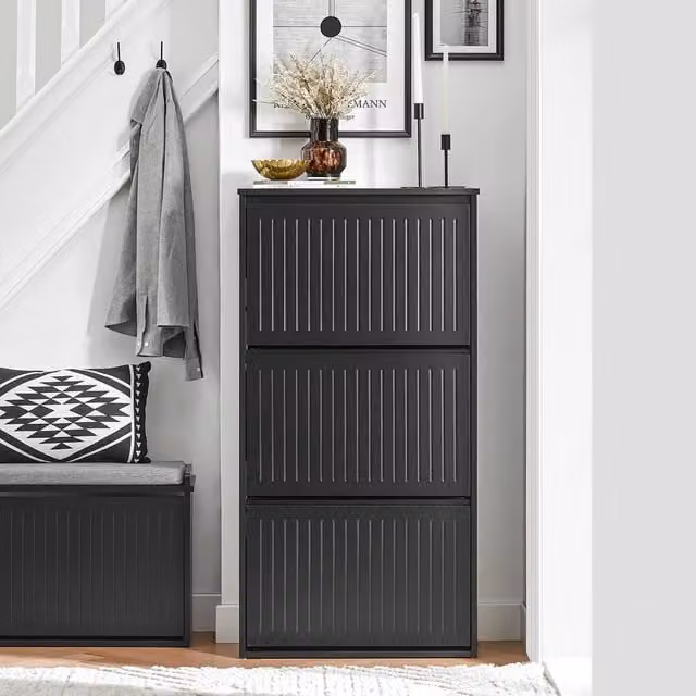 SoBuy Slim Modern Shoe Cabinet in Black with Tilting Compartments and Internal Shelves