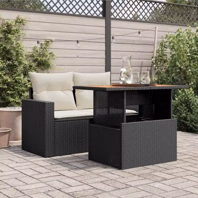 Berkfield Home Black Poly Rattan and Acacia Wood Garden Table, W: 100 cm, D: 55 cm, H: 73 cm