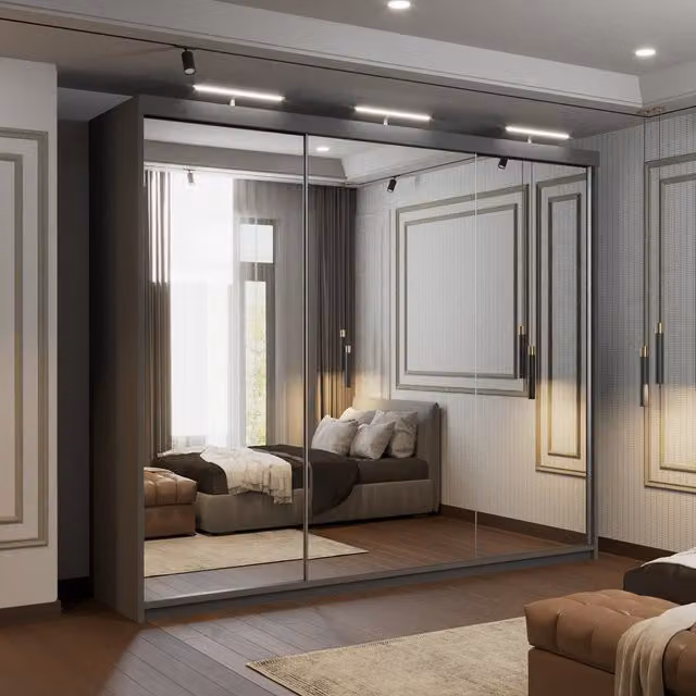 Sliding Wardrobes 4u Modern Sliding Door Wardrobe with Mirror, Shelves, Hanging Rails and LED Lighting in White and Grey, W: 250 cm, H: 217 cm