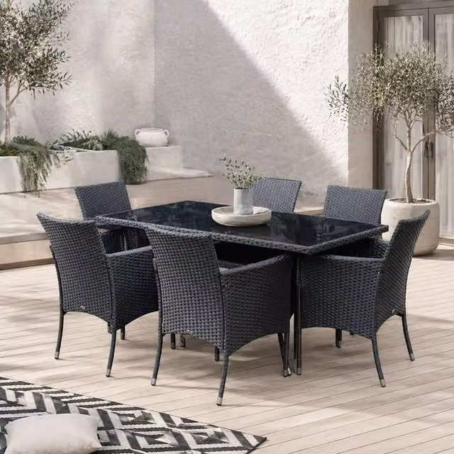 Wyld Haus Loreke Black Rattan 6 Seater Outdoor Dining Set with Glass Top Table