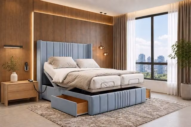 Paradies Modern Upholstered Mobility Bed with Foam Mattress and Headboard in Blue and Silver, W/D/H: 120 x 200 cm