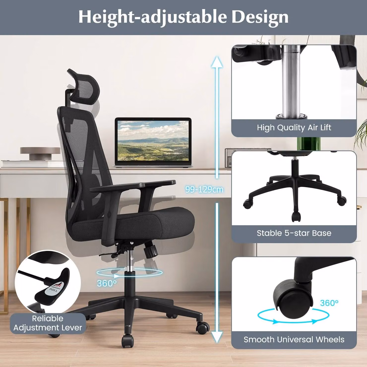 Gymax Ergonomic Mesh Office Chair in Black with Headrest, Armrests and Swivel Function – 2