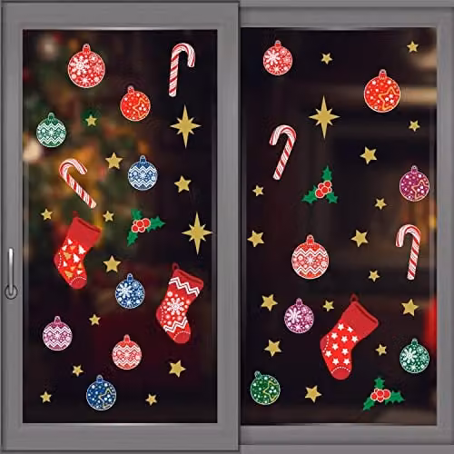 WALPLUS Christmas Window Stickers, 54 Piece Reusable Double-Sided Decals for Glass, Multicolour