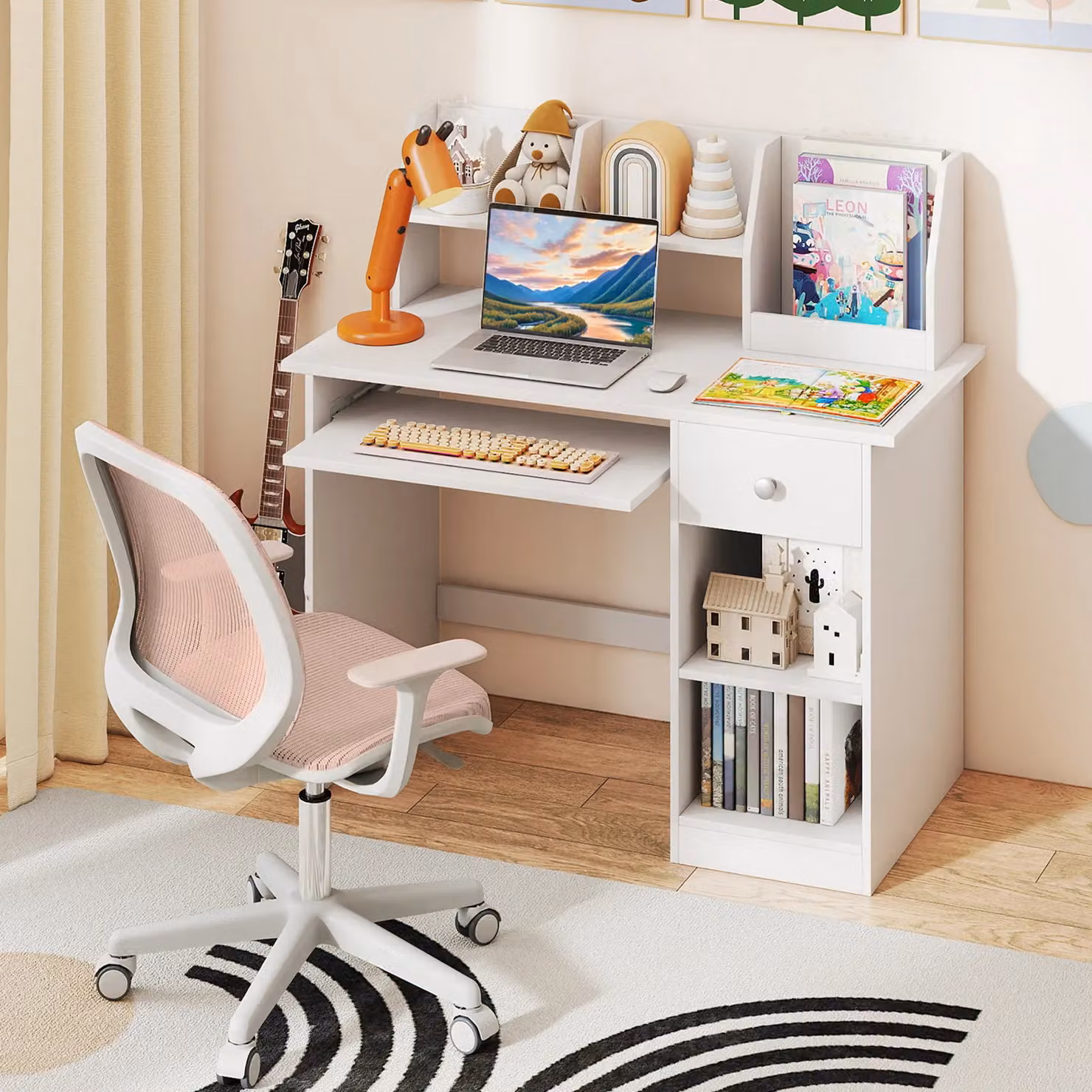 Gymax White Wooden Computer Desk with Keyboard Tray and Drawer – 2