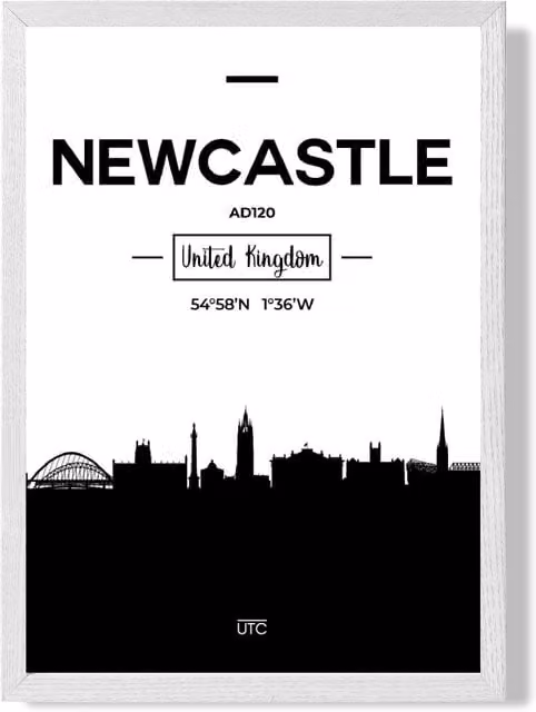 ARTZE Newcastle Black and White City Skyline Framed Print with White Frame
