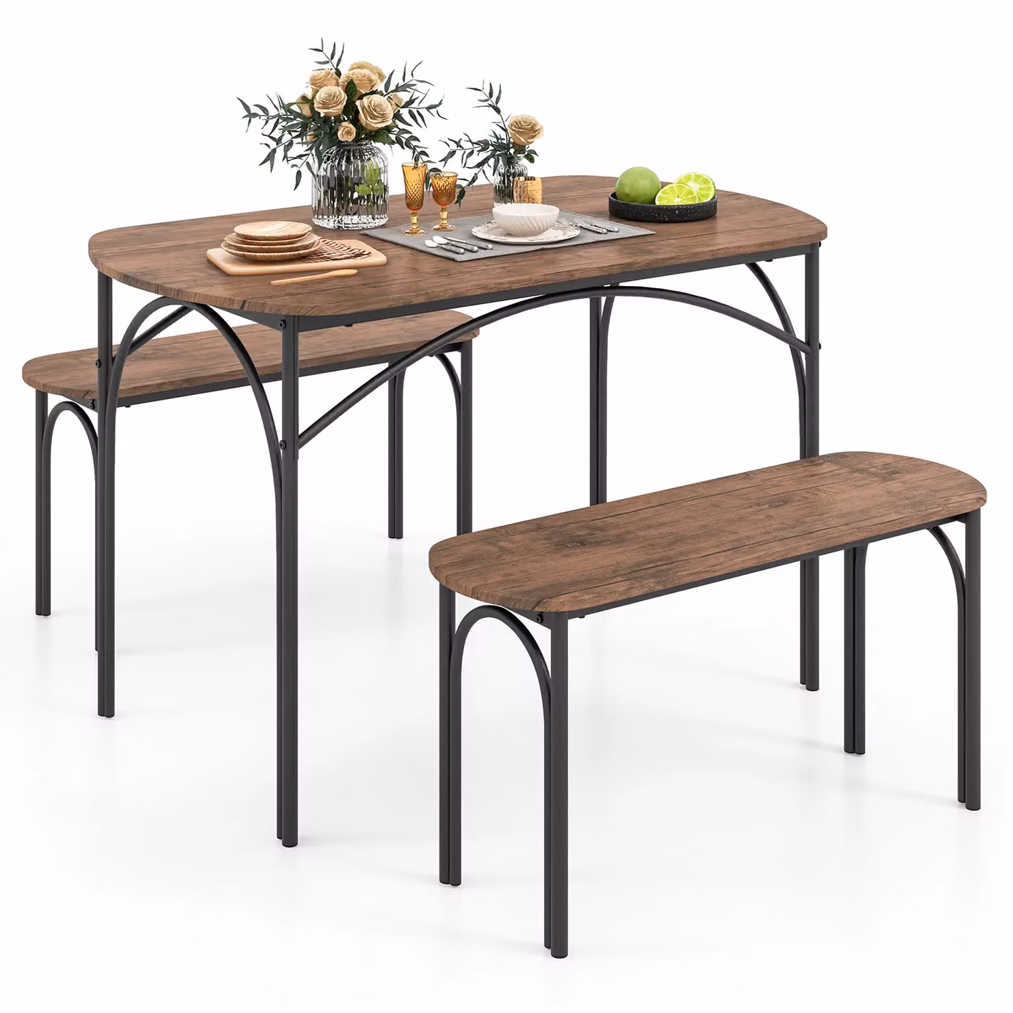 Costway 3 Piece Industrial Dining Table Set with Benches in Brown and Black, W: 120 cm, H: 76 cm – 2