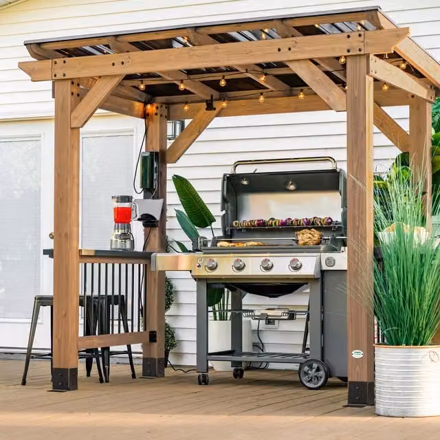 Backyard Discovery Saxony Cedar Wood Outdoor BBQ Grill Gazebo with Powerport in Dark Walnut